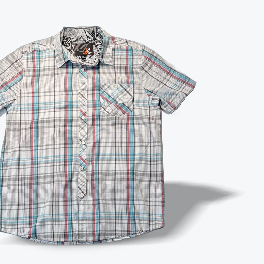 Amplify Button Down Shirt Short Sleeve Plaid Mens Large White Grey Blue